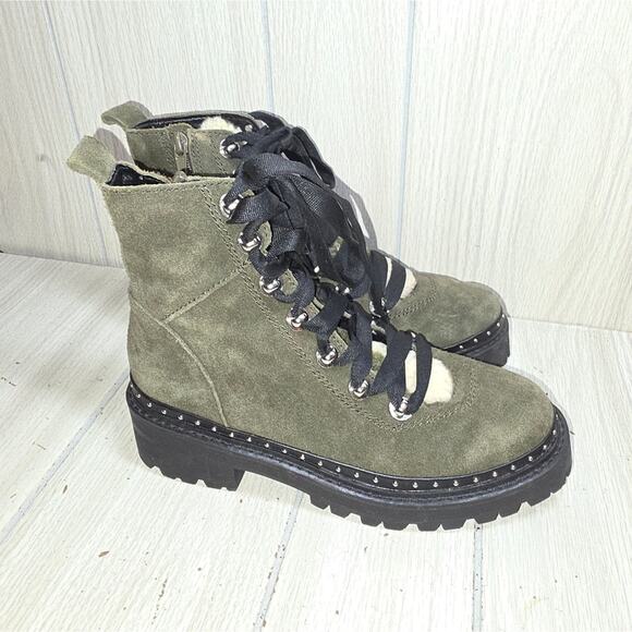 Steve Madden Rainier Green Suede Boots Leather Chunky Combat Studded Camo Fall - Picture 9 of 10